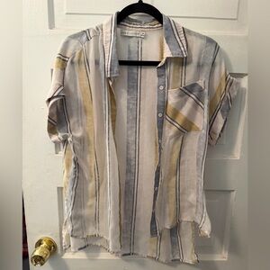 Paper Crane Striped Button Down Shirt - Gray, Yellow, Cream
